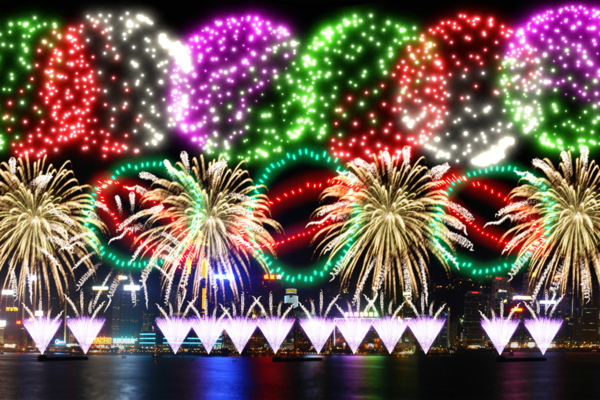 星光燦爛: 第三幕煙花圖案以大錦冠、大麗花和七彩變球為主，五光十色，象徵不夜城的繁華