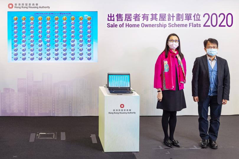 居屋攪珠:  房屋委員會資助房屋小組委員會主席黃碧如（左）主持攪珠儀式。