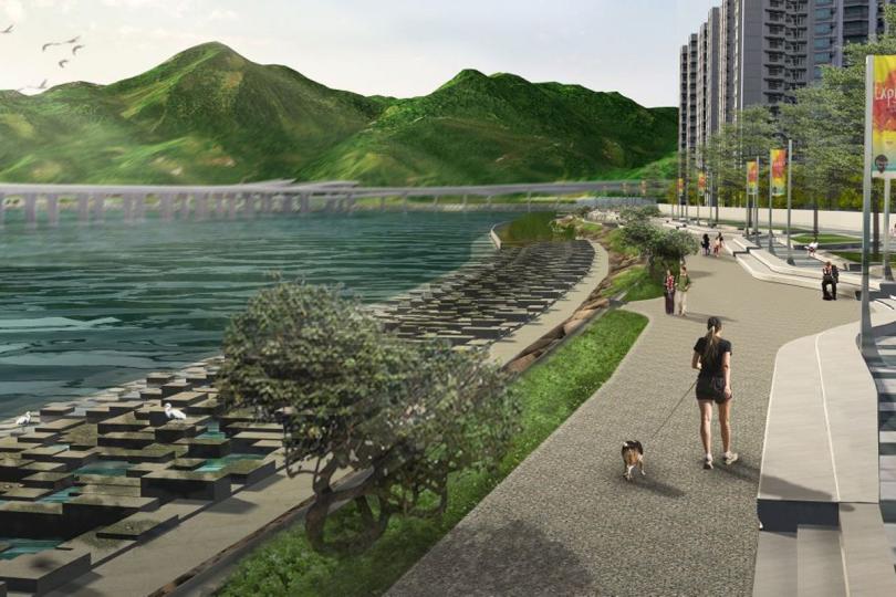 構想圖:  為了在大嶼山實現可持續發展的綠色城市，可持續大嶼辦事處正積極推行多方面工作，包括在東涌東擴展區建造海濱長廊，並引入生態海岸線。