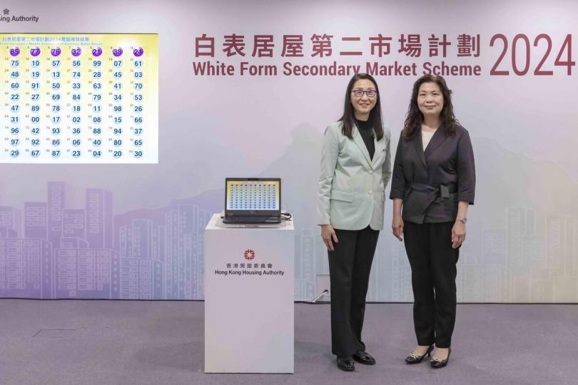 電腦攪珠:  黃碧如（左）由房屋署助理署長（房屋資助）鄺潔蓮陪同主持攪珠儀式。